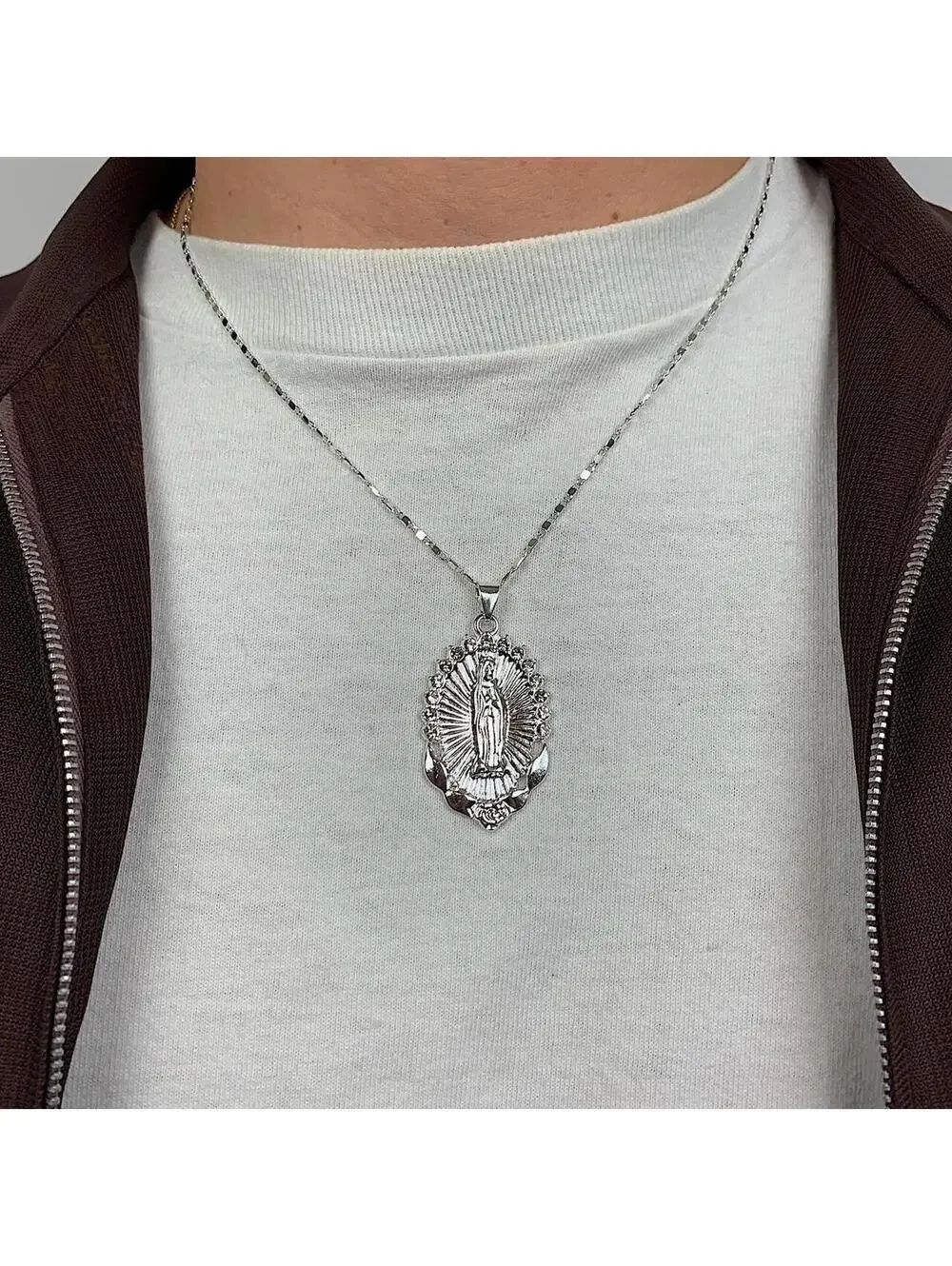 Silver Saint Marry rhinestone pendant y2k 90s style necklace chain. Grunge punk